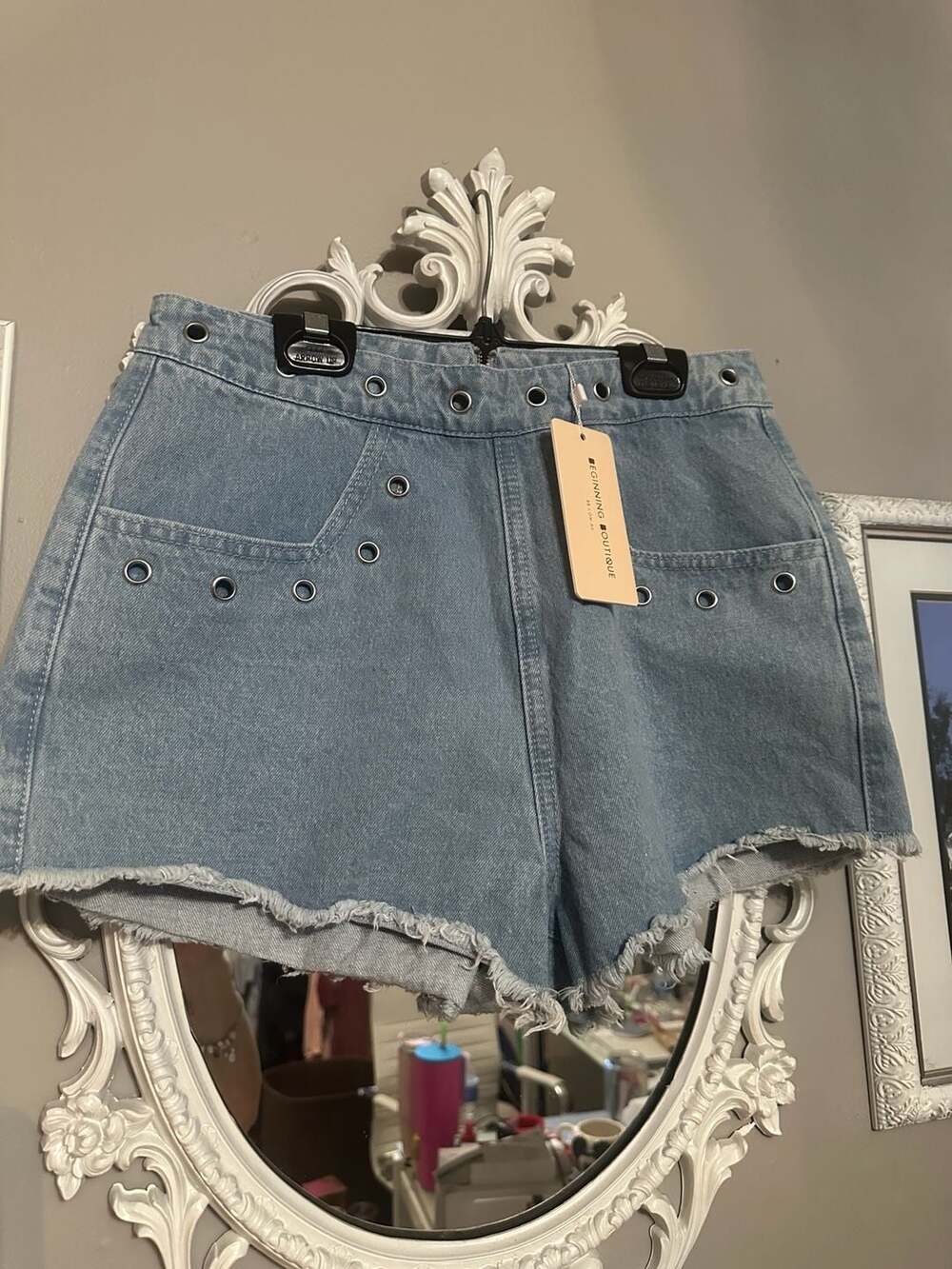 Beginning Boutique Eyelet Embellished Denim Shorts with Raw Hem